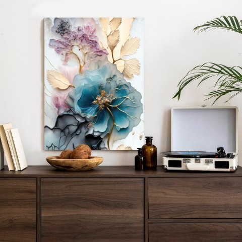 Plakat Niebieski Kwiat Złote Liście Abstrakcja