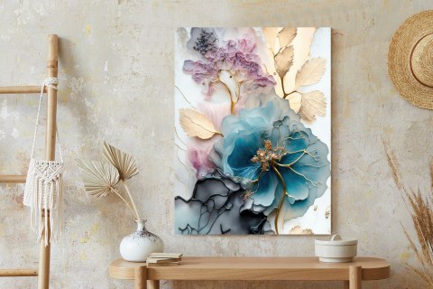 Plakat Niebieski Kwiat Złote Liście Abstrakcja