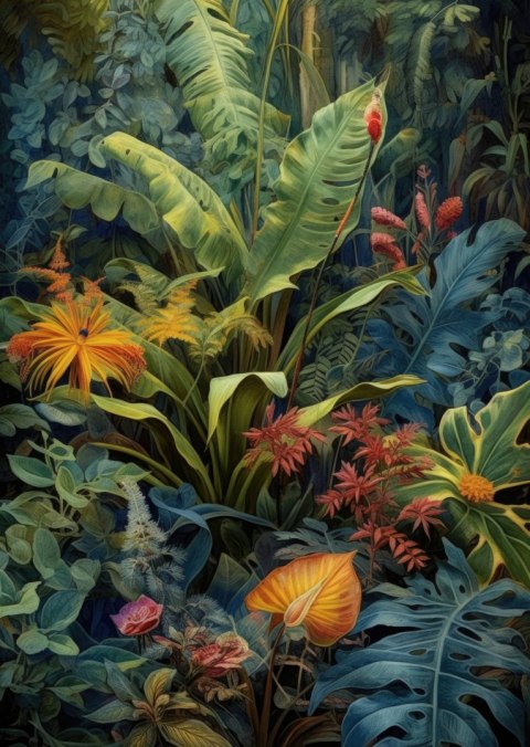 Plakat Rośliny I Liście W Kolorowej Tropikalnej Dżungli