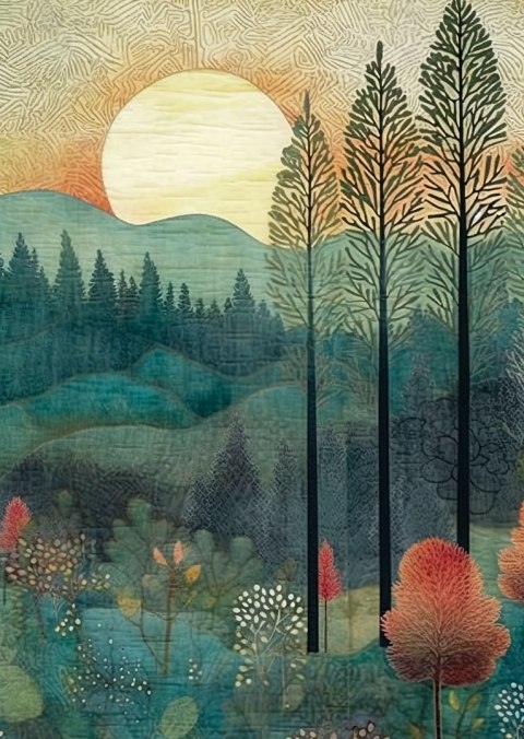 Plakat Słońce Nad Leśnym Krajobrazem Abstrakcja