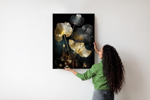 Plakat Złote Liście I Nasiona Na Ciemnym Tle