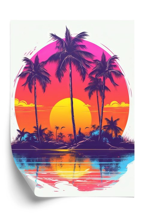 Plakat Bezludna Wyspa Palmy I Zachodzące Słońce