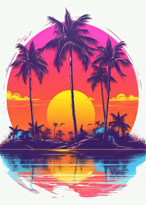 Plakat Bezludna Wyspa Palmy I Zachodzące Słońce