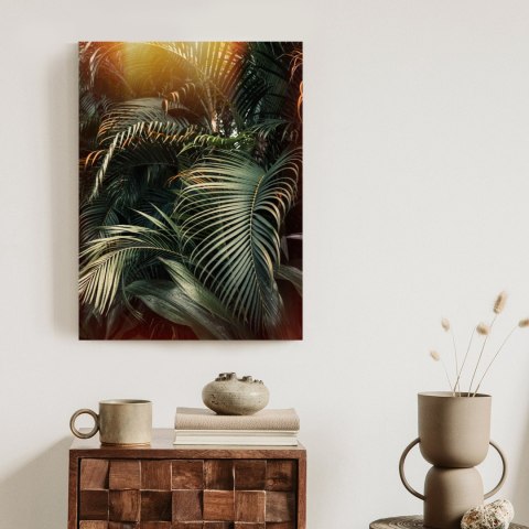 Plakat Głęboki Ciemny Las Palmowy Z Przebijającym Się Słońcem