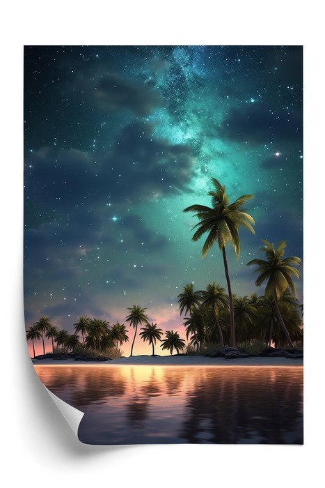 Plakat Gwiaździsta Plaża Na Tropikalnej Wyspie Z Palmami