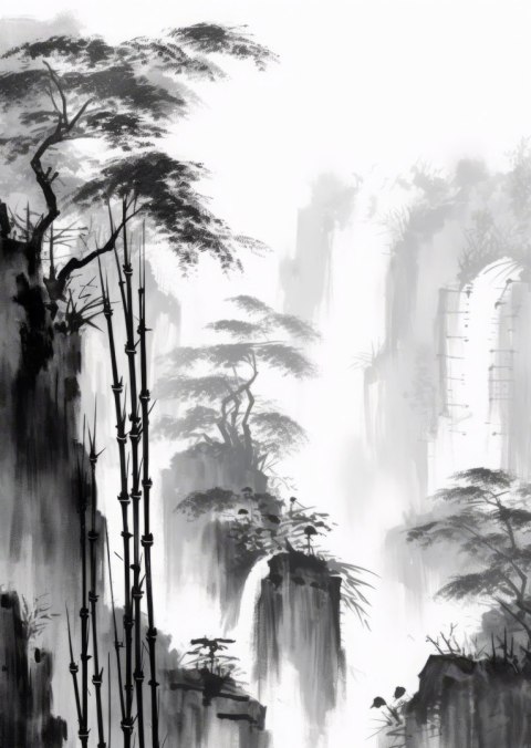 Plakat Krajobraz Górski Z Wodospadem I Wysokimi Drzewami Bambusowymi