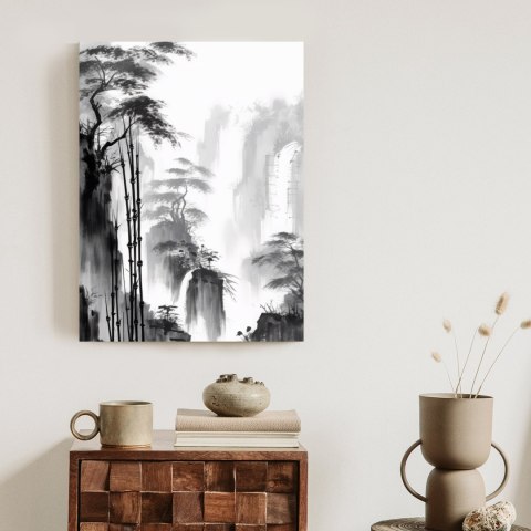 Plakat Krajobraz Górski Z Wodospadem I Wysokimi Drzewami Bambusowymi