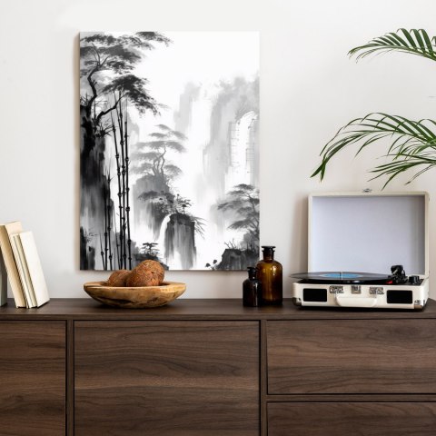 Plakat Krajobraz Górski Z Wodospadem I Wysokimi Drzewami Bambusowymi