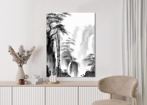 Plakat Krajobraz Górski Z Wodospadem I Wysokimi Drzewami Bambusowymi