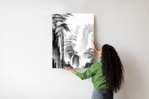 Plakat Krajobraz Górski Z Wodospadem I Wysokimi Drzewami Bambusowymi