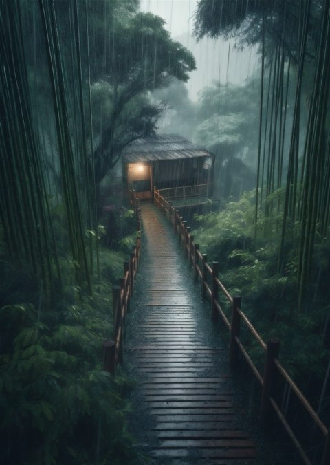 Plakat Las Bambusowy Z Dom Z Bambusa