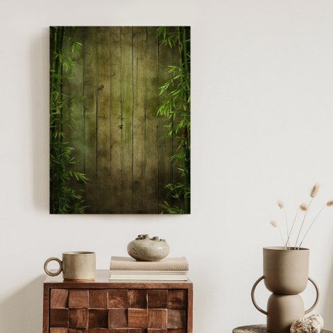 Plakat Liście Bambusa Na Ciemnym Drewnianym Płocie