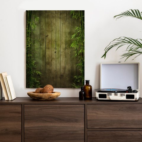 Plakat Liście Bambusa Na Ciemnym Drewnianym Płocie