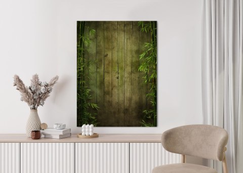 Plakat Liście Bambusa Na Ciemnym Drewnianym Płocie