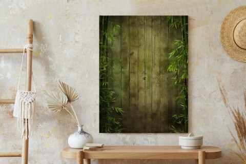 Plakat Liście Bambusa Na Ciemnym Drewnianym Płocie