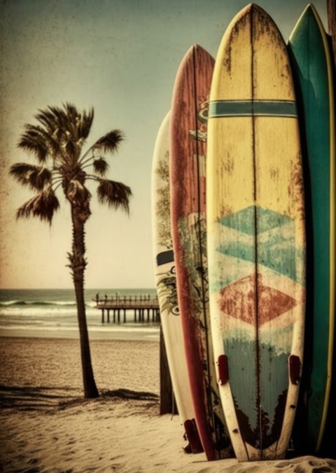 Plakat Plama I Deski Surfingowe W Tonach Vintage