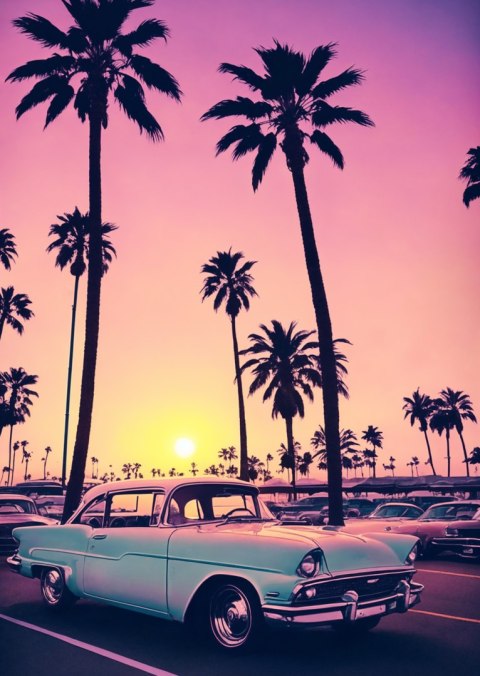 Plakat Samochód Retro Na Tle Wysokich Palm