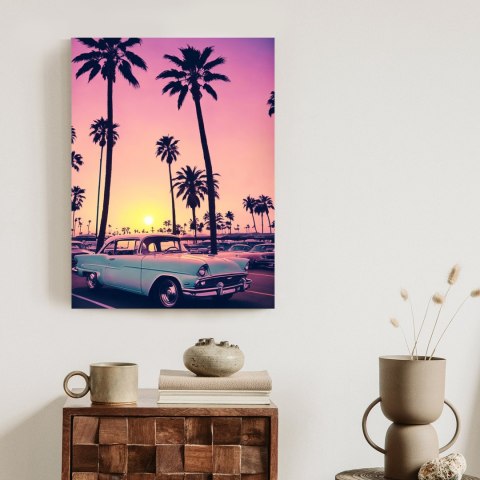 Plakat Samochód Retro Na Tle Wysokich Palm