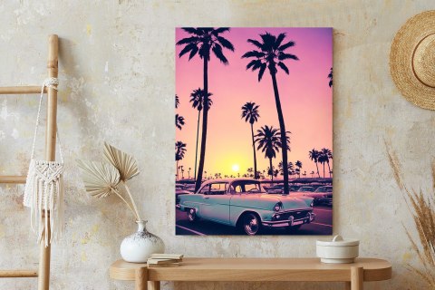 Plakat Samochód Retro Na Tle Wysokich Palm