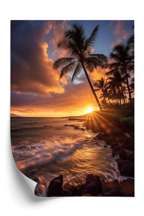 Plakat Tropikalna Wyspa Z Palmami I Zachód Słońca