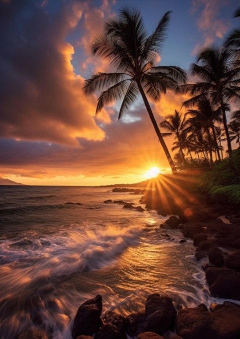 Plakat Tropikalna Wyspa Z Palmami I Zachód Słońca