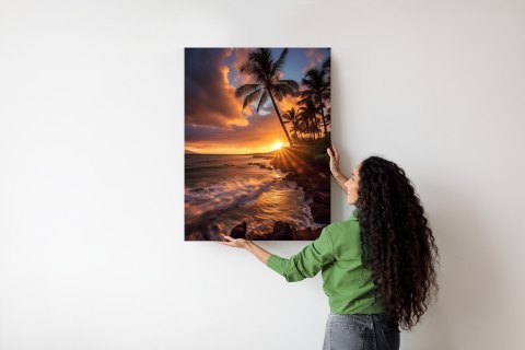 Plakat Tropikalna Wyspa Z Palmami I Zachód Słońca