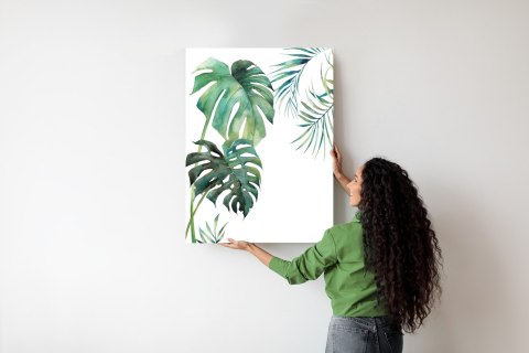 Plakat Tropikalny Wzór Z Liśćmi Palmy I Monstery Akwarela