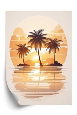 Plakat Zachód Słońca I Trzy Palmy
