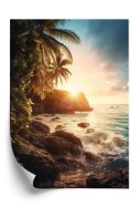 Plakat Zachód Słońca Z Palmami I Kamienistym Brzegiem Morza