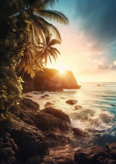 Plakat Zachód Słońca Z Palmami I Kamienistym Brzegiem Morza