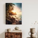 Plakat Zachód Słońca Z Palmami I Kamienistym Brzegiem Morza
