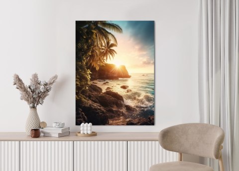 Plakat Zachód Słońca Z Palmami I Kamienistym Brzegiem Morza