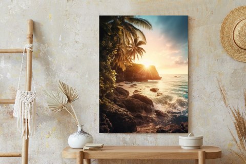 Plakat Zachód Słońca Z Palmami I Kamienistym Brzegiem Morza