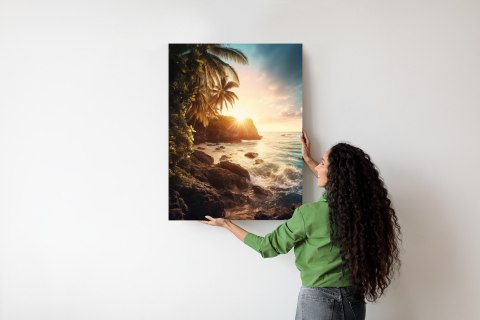 Plakat Zachód Słońca Z Palmami I Kamienistym Brzegiem Morza