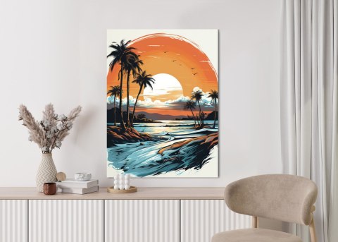 Plakat Zachód Słońca Z Palmami I Morzem