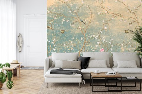 Fototapeta Kwiaty Vintage I Ptaki Na Pastelowym Kolorowym Postarzałym Tle