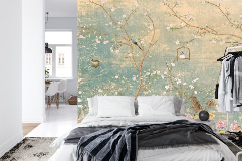 Fototapeta Kwiaty Vintage I Ptaki Na Pastelowym Kolorowym Postarzałym Tle