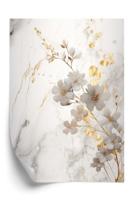 Plakat Białe I Złote Kwiatki Na Marmurze