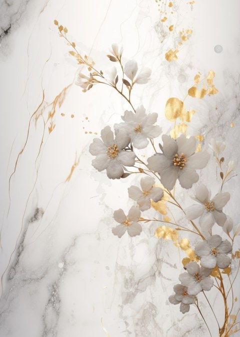 Plakat Białe I Złote Kwiatki Na Marmurze