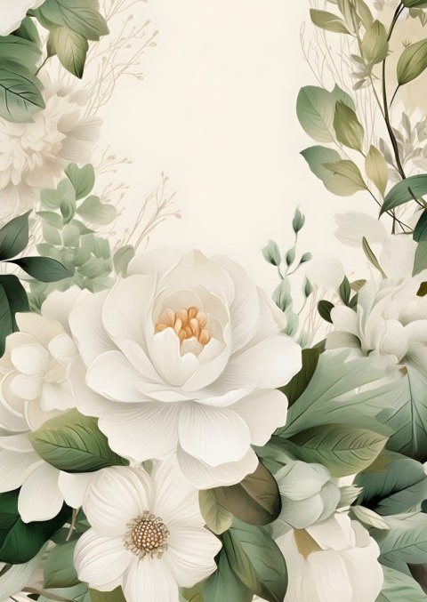 Plakat Białe Kwiaty Z Zielonymi Liśćmi