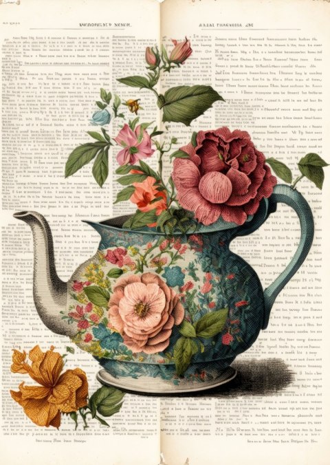 Plakat Czajnik Z Kwiatami I Stara Gazeta