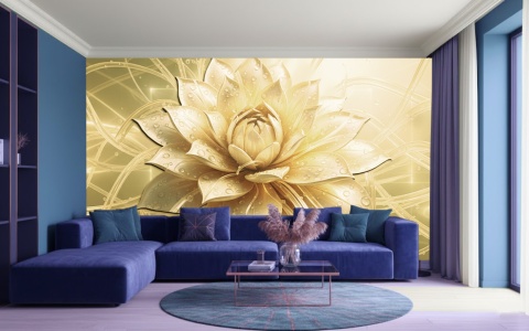 Złoty Lotos Glamour – Fototapeta 3D do Salonu i Sypialni na wymiar