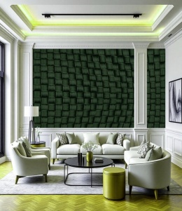 Fototapeta 3D szmaragdowa zieleń, poskręcana plecionka koszykowa hit 2026, nowoczesny salon z zieloną ścianą o strukturze tkaniny.
