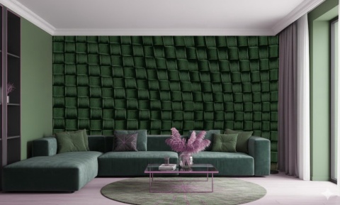 Fototapeta 3D Szmaragdowa Zieleń - Poskręcana Plecionka Koszykowa - Efekt Szenili i Aksamitu - Fototapeta z Teksturą Materiału