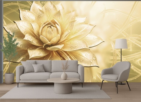 Złoty Lotos Glamour – Fototapeta 3D do Salonu i Sypialni na wymiar