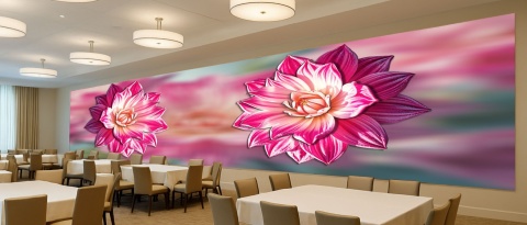 Czerwona dalia” na rozmytym tle. Fototapeta 3D na wymiar