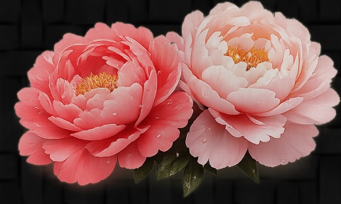 Dwie Piwonie na Czarnym Aksamicie – Fototapeta 3D Kwiaty na wymiar