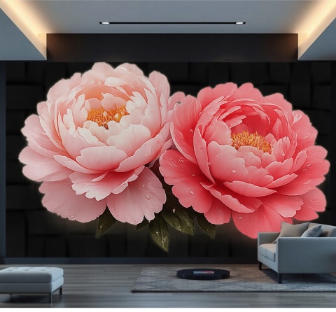 Dwie Piwonie na Czarnym Aksamicie – Fototapeta 3D Kwiaty na wymiar