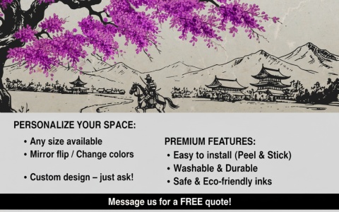 Samuraj i Fioletowa Wiśnia – Fototapeta Styl Japandi do Salonu i Gabinetu na wymiar