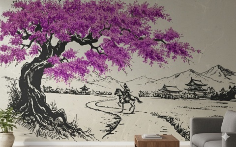 Samuraj i Fioletowa Wiśnia – Fototapeta Styl Japandi do Salonu i Gabinetu na wymiar